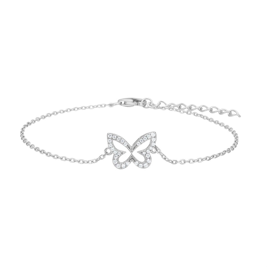PamelaNor armbånd i 925 sterlingsølv fra JoanliNor med sommerfuglevedhæng og hvide zirkonia, 17–20 cm.